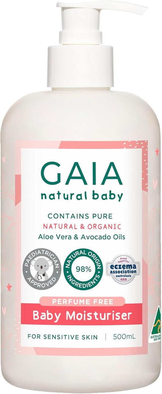 GAIA Natural Baby Moisturiser | 100% Natural Origin | Sensitive Skin Formula | Organic Avocado Oil | Organic Shea Butter | Petrochemical Free | Perfume Free | Paraben Free | Australian Made | 500Ml