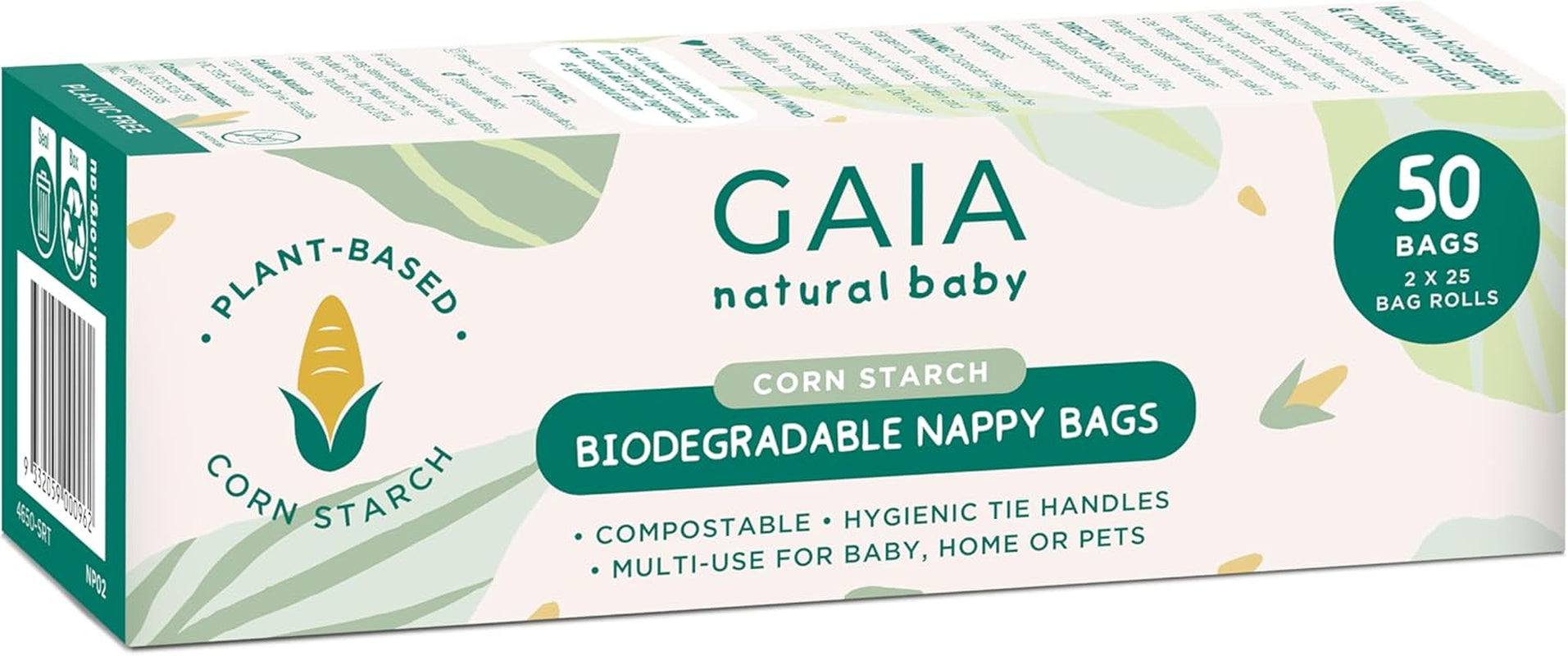 GAIA Natural Baby Biodegradable Nappy Bags | Hygienic Tie Handles | Compostable | Multi-Use | 50Pk