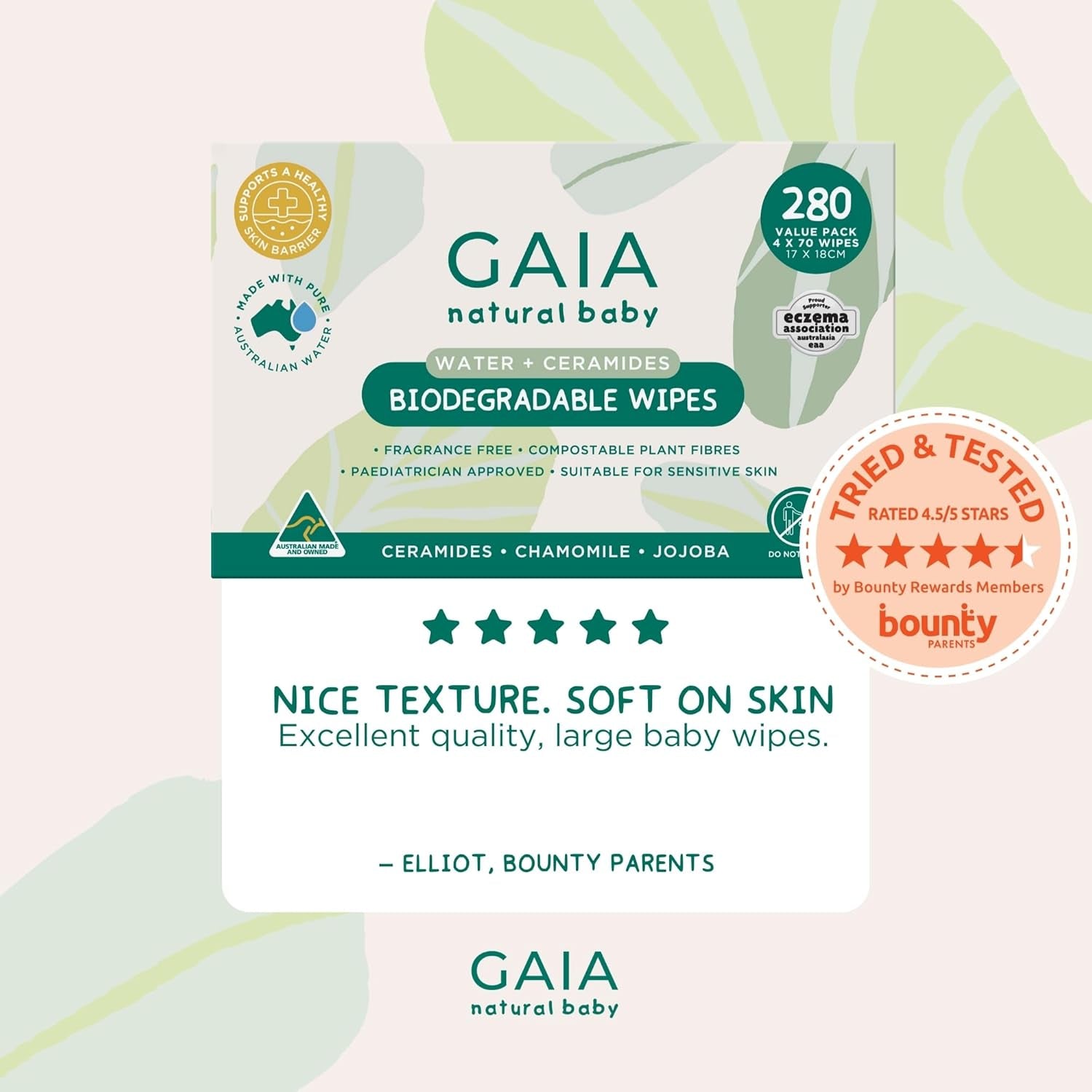 GAIA Natural Baby Biodegradable Water Wipes | Paediatrician Approved | Dermatogically Tested | Suitable for Sensitive Skin | Suitable for Newborns | Australian Made | 280Pk