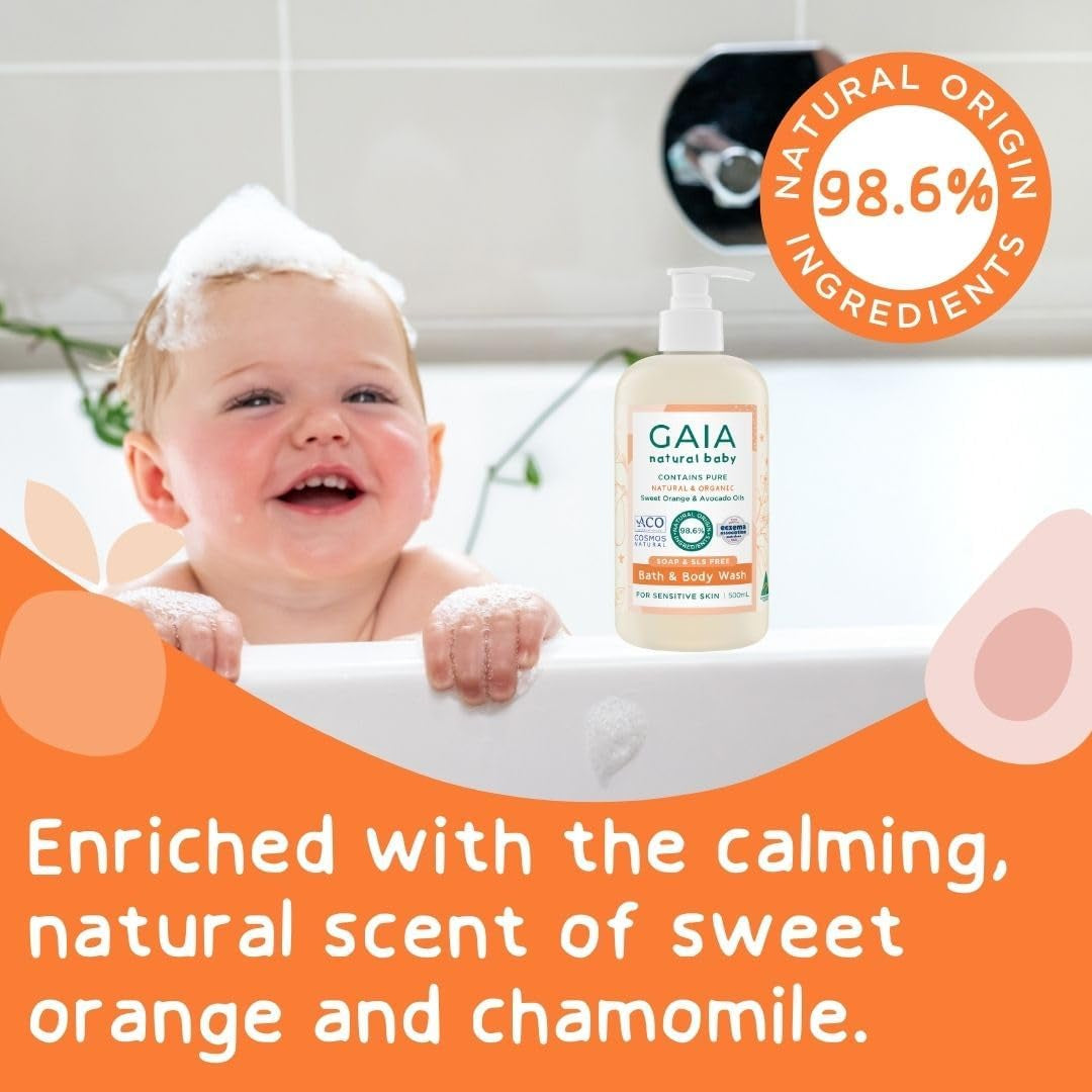 GAIA Skin Natural Baby Bath and Body Wash ; Certified Natural ; Ideal for Newborns ; Sensitive Skin Formula ; Organic Avocado Oil ; Organic Chamomile ; Soap Free ; Perfume Free ; Australian Made - 500Ml