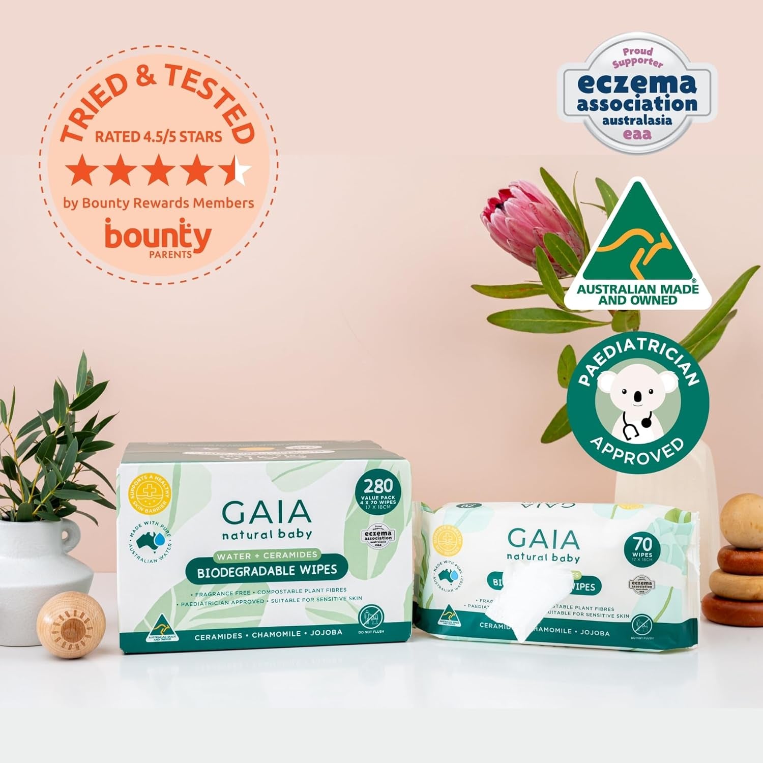 GAIA Natural Baby Biodegradable Water Wipes | Paediatrician Approved | Dermatogically Tested | Suitable for Sensitive Skin | Suitable for Newborns | Australian Made | 280Pk